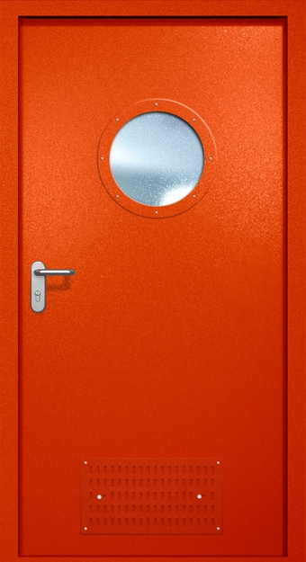Однопольная противопожарная дверь EI-60 с вентиляцией и круглым стеклопакетом, окрас по RAL 3003