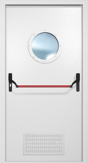 Однопольная противопожарная дверь EI-60 с вентиляцией, круглым стеклопакетом и ручкой «Антипаника», окрас по RAL 9003