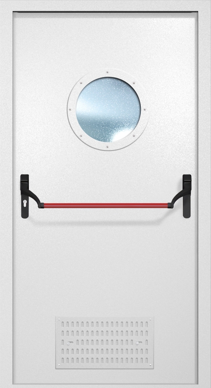Однопольная противопожарная дверь EI-60 с вентиляцией, круглым стеклопакетом и ручкой «Антипаника», окрас по RAL 9003