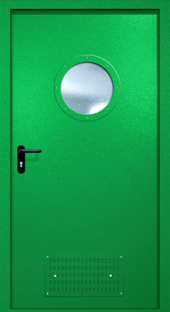 Однопольная противопожарная дверь EI-60 с вентиляцией и круглым стеклопакетом, окрас по RAL 6037 Однопольная противопожарная дверь EI-60 с вентиляцией и круглым стеклопакетом, окрас по RAL 6037