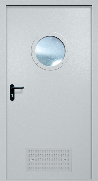 Однопольная противопожарная дверь EI-60 с вентиляцией и круглым стеклопакетом, окрас по RAL Однопольная противопожарная дверь EI-60 с вентиляцией и круглым стеклопакетом, окрас по RAL