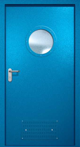Однопольная противопожарная дверь EI-60 с вентиляцией и круглым стеклопакетом, окрас по RAL 5002