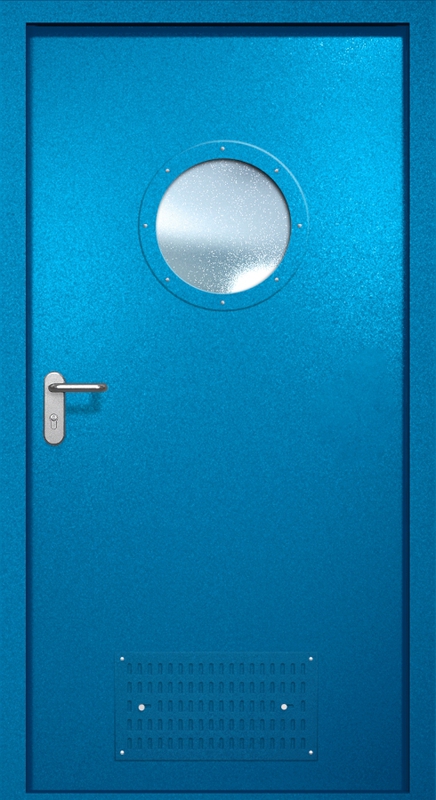 Однопольная противопожарная дверь EI-60 с вентиляцией и круглым стеклопакетом, окрас по RAL 5002