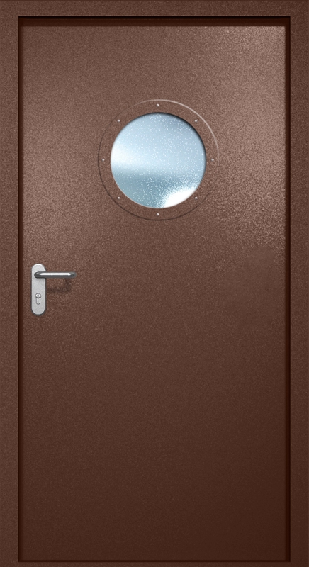 Однопольная противопожарная дверь EI-60 с круглым стеклопакетом, окрас по RAL 8016