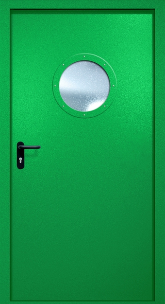 Однопольная противопожарная дверь EI-60 с круглым стеклопакетом, окрас по RAL 6037 Однопольная противопожарная дверь EI-60 с круглым стеклопакетом, окрас по RAL 6037