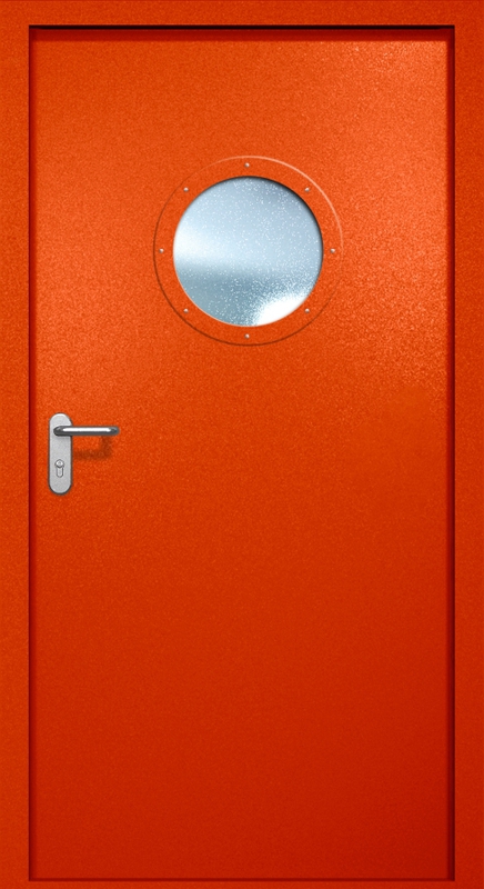 Однопольная противопожарная дверь EI-60 с круглым стеклопакетом, окрас по RAL 3003