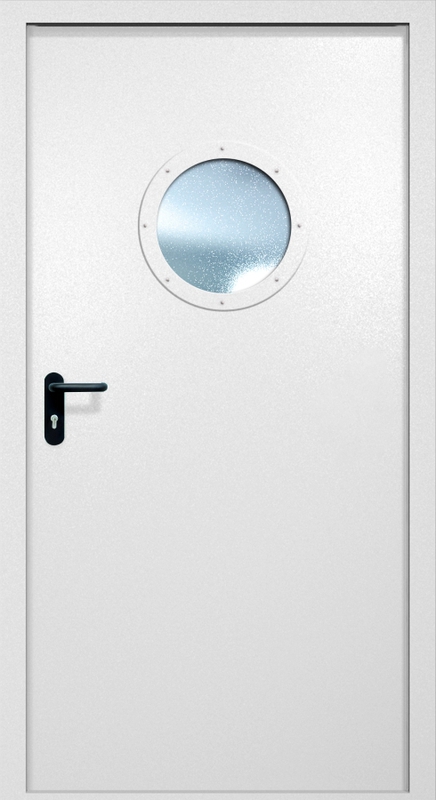 Однопольная противопожарная дверь EI-60 с круглым стеклопакетом, окрас по RAL 9003
