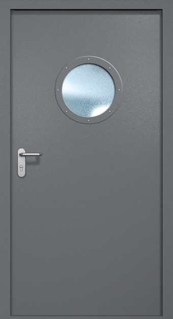 Однопольная противопожарная дверь EI-60 с круглым стеклопакетом, окрас по RAL 7001