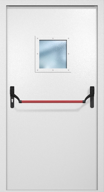 Однопольная противопожарная дверь EI-60 с квадратным стеклопакетом и ручкой «Антипаника», окрас по RAL 9003