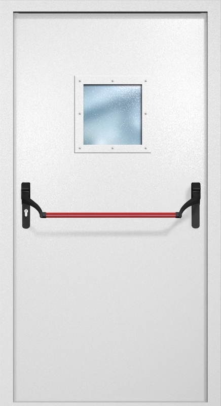 Однопольная противопожарная дверь EI-60 с квадратным стеклопакетом и ручкой «Антипаника», окрас по RAL 9003