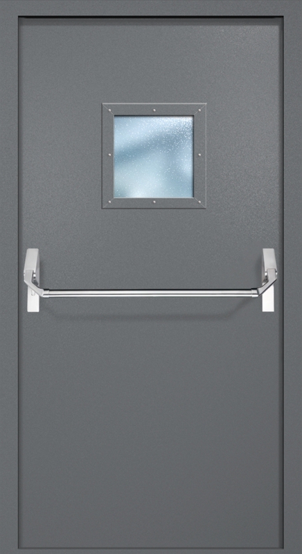 Однопольная противопожарная дверь EI-60 с квадратным стеклопакетом и ручкой «Антипаника», окрас по RAL 7001 Однопольная противопожарная дверь EI-60 с квадратным стеклопакетом и ручкой «Антипаника», окрас по RAL 7001
