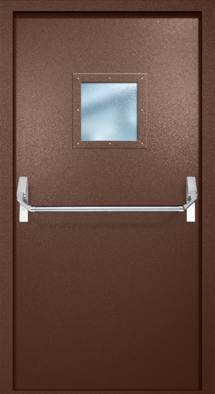 Однопольная противопожарная дверь EI-60 с квадратным стеклопакетом и ручкой «Антипаника», окрас по RAL 8016