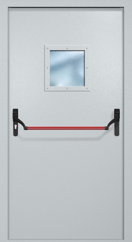 Однопольная противопожарная дверь EI-60 с квадратным стеклопакетом и ручкой «Антипаника», окрас по RAL