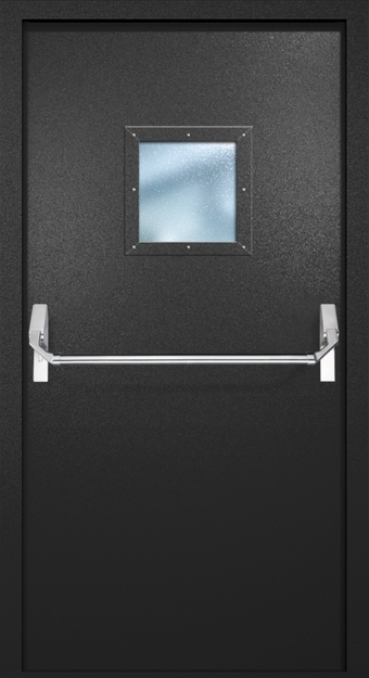 Однопольная противопожарная дверь EI-60 с квадратным стеклопакетом и ручкой «Антипаника», окрас по RAL 9004