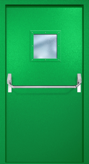 Однопольная противопожарная дверь EI-60 с квадратным стеклопакетом и ручкой «Антипаника», окрас по RAL 6037 Однопольная противопожарная дверь EI-60 с квадратным стеклопакетом и ручкой «Антипаника», окрас по RAL 6037
