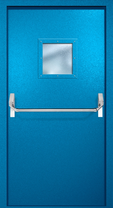 Однопольная противопожарная дверь EI-60 с квадратным стеклопакетом и ручкой «Антипаника», окрас по RAL 5002 Однопольная противопожарная дверь EI-60 с квадратным стеклопакетом и ручкой «Антипаника», окрас по RAL 5002