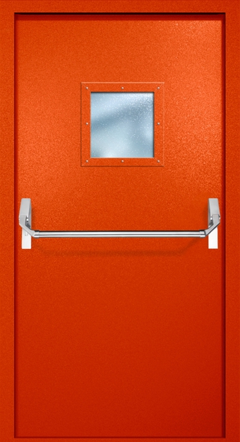 Однопольная противопожарная дверь EI-60 с квадратным стеклопакетом и ручкой «Антипаника», окрас по RAL 3003 Однопольная противопожарная дверь EI-60 с квадратным стеклопакетом и ручкой «Антипаника», окрас по RAL 3003
