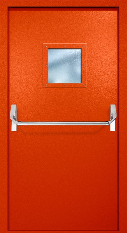 Однопольная противопожарная дверь EI-60 с квадратным стеклопакетом и ручкой «Антипаника», окрас по RAL 3003