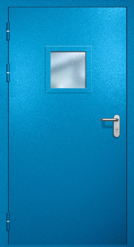 Однопольная противопожарная дверь EI-60 с квадратным стеклопакетом и ручкой «Антипаника», окрас по RAL 5002 Однопольная противопожарная дверь EI-60 с квадратным стеклопакетом и ручкой «Антипаника», окрас по RAL 5002