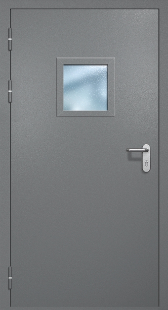 Однопольная противопожарная дверь EI-60 с квадратным стеклопакетом и ручкой «Антипаника», окрас по RAL 7001 Однопольная противопожарная дверь EI-60 с квадратным стеклопакетом и ручкой «Антипаника», окрас по RAL 7001