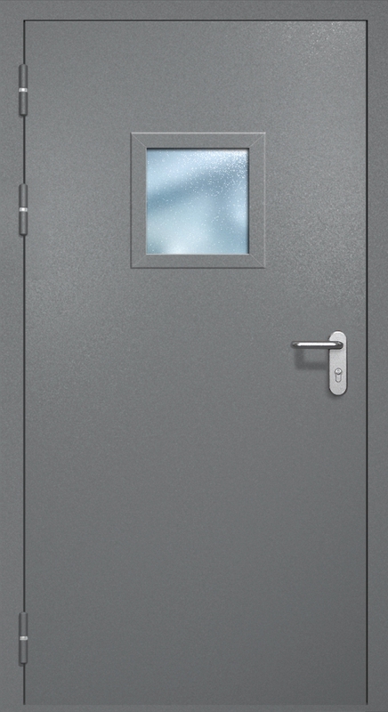 Однопольная противопожарная дверь EI-60 с квадратным стеклопакетом и ручкой «Антипаника», окрас по RAL 7001 Однопольная противопожарная дверь EI-60 с квадратным стеклопакетом и ручкой «Антипаника», окрас по RAL 7001
