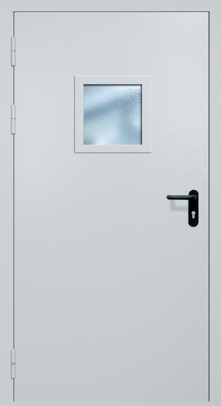 Однопольная противопожарная дверь EI-60 с квадратным стеклопакетом и ручкой «Антипаника», окрас по RAL