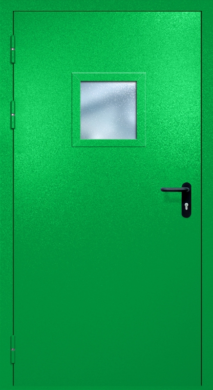 Однопольная противопожарная дверь EI-60 с квадратным стеклопакетом, окрас по RAL 6037 Однопольная противопожарная дверь EI-60 с квадратным стеклопакетом, окрас по RAL 6037