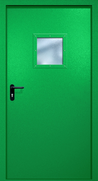 Однопольная противопожарная дверь EI-60 с квадратным стеклопакетом, окрас по RAL 6037 Однопольная противопожарная дверь EI-60 с квадратным стеклопакетом, окрас по RAL 6037