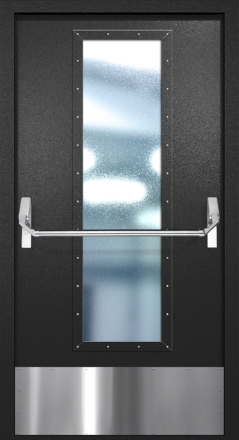 Однопольная противопожарная дверь EIW-60 с максимальным стеклопакетом, отбойником и ручкой «Антипаника», окрас по RAL 9004 Однопольная противопожарная дверь EIW-60 с максимальным стеклопакетом, отбойником и ручкой «Антипаника», окрас по RAL 9004