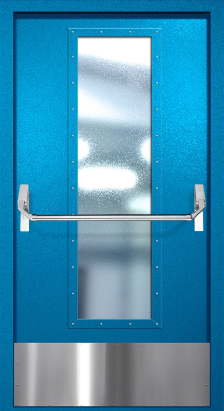 Однопольная противопожарная дверь EIW-60 с максимальным стеклопакетом, отбойником и ручкой «Антипаника», окрас по RAL 5002