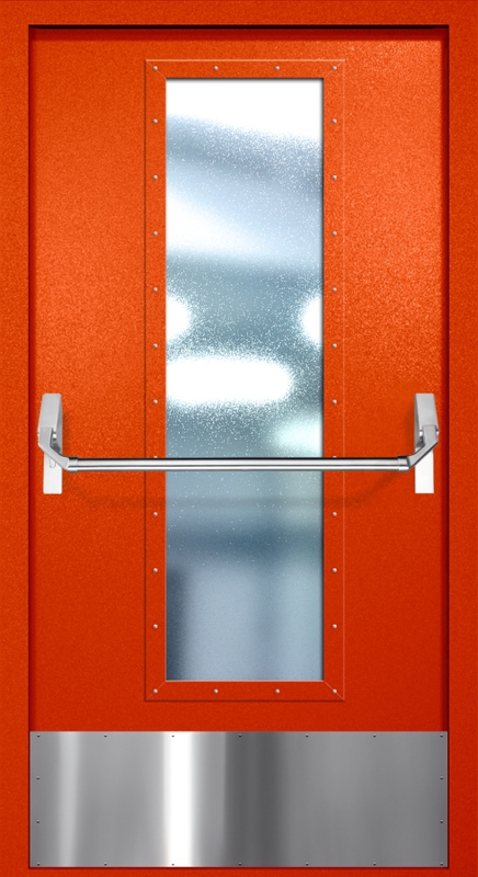Однопольная противопожарная дверь EIW-60 с максимальным стеклопакетом, отбойником и ручкой «Антипаника», окрас по RAL 3003 Однопольная противопожарная дверь EIW-60 с максимальным стеклопакетом, отбойником и ручкой «Антипаника», окрас по RAL 3003