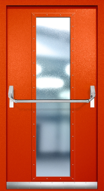 Однопольная противопожарная дверь EIW-60 с максимальным стеклопакетом, отбойником и ручкой «Антипаника», окрас по RAL 3003