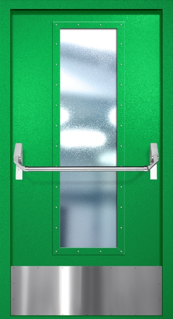 Однопольная противопожарная дверь EIW-60 с максимальным стеклопакетом, отбойником и ручкой «Антипаника», окрас по RAL 6037 Однопольная противопожарная дверь EIW-60 с максимальным стеклопакетом, отбойником и ручкой «Антипаника», окрас по RAL 6037