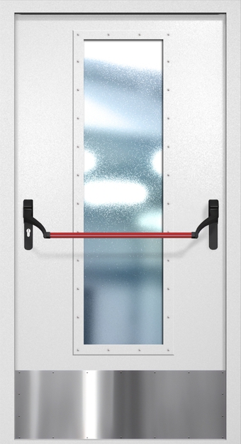 Однопольная противопожарная дверь EIW-60 с максимальным стеклопакетом, отбойником и ручкой «Антипаника», окрас по RAL 9003 Однопольная противопожарная дверь EIW-60 с максимальным стеклопакетом, отбойником и ручкой «Антипаника», окрас по RAL 9003