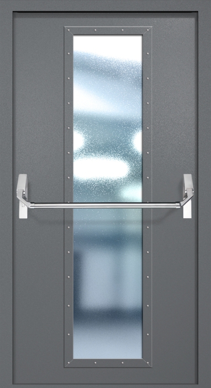 Однопольная противопожарная дверь EIW-60 с максимальным стеклопакетом и ручкой «Антипаника», окрас по RAL 7001 Однопольная противопожарная дверь EIW-60 с максимальным стеклопакетом и ручкой «Антипаника», окрас по RAL 7001