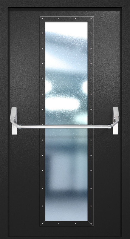 Однопольная противопожарная дверь EIW-60 с максимальным стеклопакетом и ручкой «Антипаника», окрас по RAL 9004 Однопольная противопожарная дверь EIW-60 с максимальным стеклопакетом и ручкой «Антипаника», окрас по RAL 9004