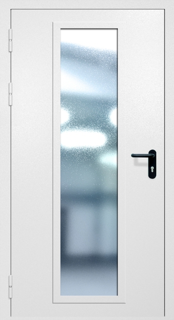 Однопольная противопожарная дверь EIW-60 с максимальным стеклопакетом и ручкой «Антипаника», окрас по RAL 9003 Однопольная противопожарная дверь EIW-60 с максимальным стеклопакетом и ручкой «Антипаника», окрас по RAL 9003