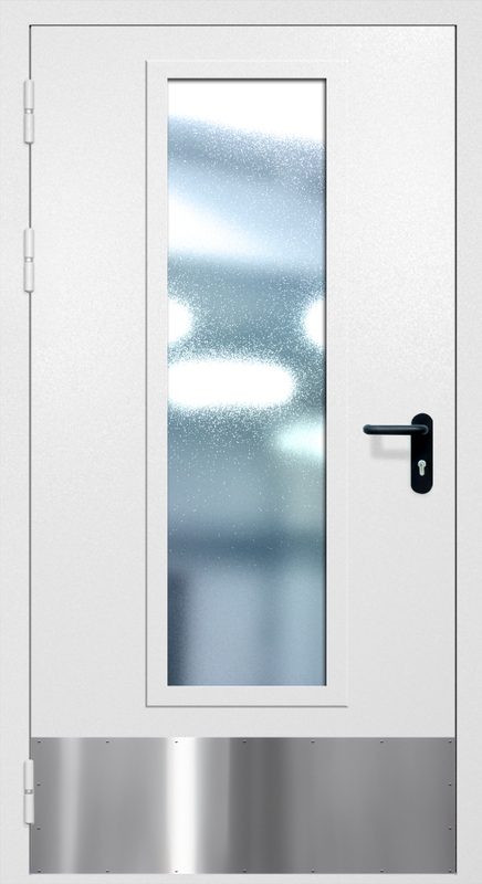 Однопольная противопожарная дверь EIW-60 с максимальным стеклопакетом, отбойником и ручкой «Антипаника», окрас по RAL 9003