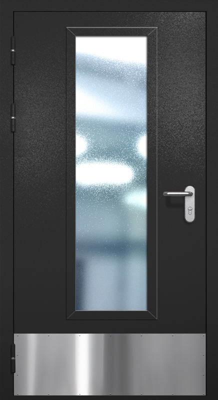 Однопольная противопожарная дверь EIW-60 с максимальным стеклопакетом, отбойником и ручкой «Антипаника», окрас по RAL 9004 Однопольная противопожарная дверь EIW-60 с максимальным стеклопакетом, отбойником и ручкой «Антипаника», окрас по RAL 9004