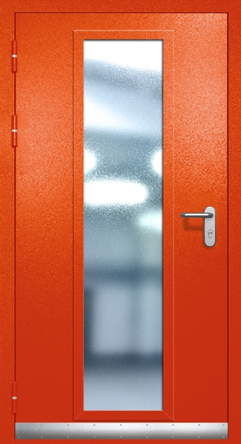 Однопольная противопожарная дверь EIW-60 с максимальным стеклопакетом, отбойником и ручкой «Антипаника», окрас по RAL 3003