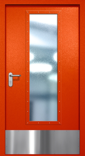 Однопольная противопожарная дверь EIW-60 с максимальным стеклопакетом и отбойником, окрас по RAL 3003