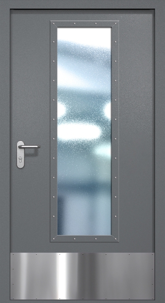 Однопольная противопожарная дверь EIW-60 с максимальным стеклопакетом и отбойником, окрас по RAL 7001