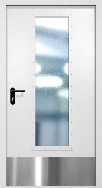 Однопольная противопожарная дверь EIW-60 с максимальным стеклопакетом и отбойником, окрас по RAL 9003 Однопольная противопожарная дверь EIW-60 с максимальным стеклопакетом и отбойником, окрас по RAL 9003