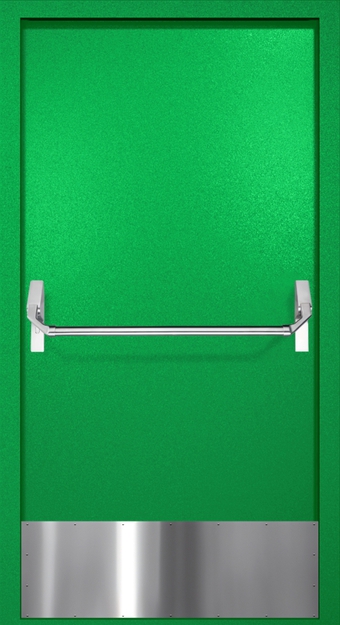 Однопольная противопожарная дверь EI-60 с отбойником и ручкой «Антипаника», окрас по RAL 6037 Однопольная противопожарная дверь EI-60 с отбойником и ручкой «Антипаника», окрас по RAL 6037