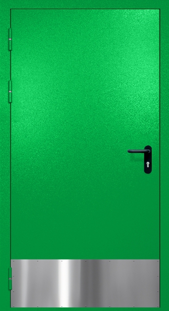 Однопольная противопожарная дверь EI-60 с отбойником и ручкой «Антипаника», окрас по RAL 6037 Однопольная противопожарная дверь EI-60 с отбойником и ручкой «Антипаника», окрас по RAL 6037