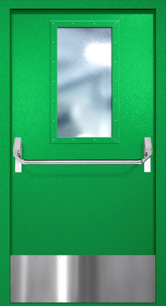 Однопольная противопожарная дверь EI-60 с широким стеклопакетом, отбойником и ручкой «Антипаника», окрас по RAL 6037 Однопольная противопожарная дверь EI-60 с широким стеклопакетом, отбойником и ручкой «Антипаника», окрас по RAL 6037