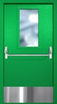 Однопольная противопожарная дверь EI-60 с широким стеклопакетом, отбойником и ручкой «Антипаника», окрас по RAL 6037