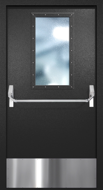 Однопольная противопожарная дверь EI-60 с широким стеклопакетом, отбойником и ручкой «Антипаника», окрас по RAL 9004