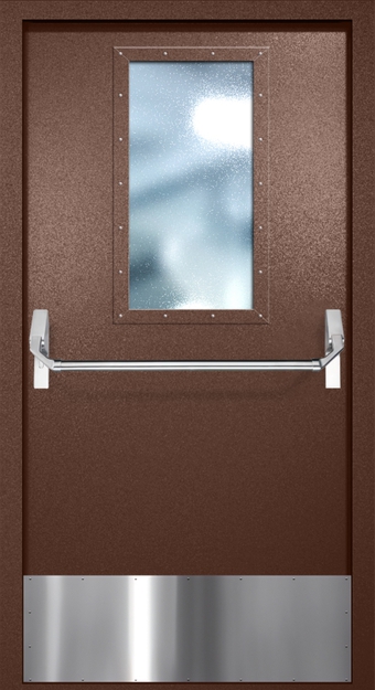 Однопольная противопожарная дверь EI-60 с широким стеклопакетом, отбойником и ручкой «Антипаника», окрас по RAL 8016
