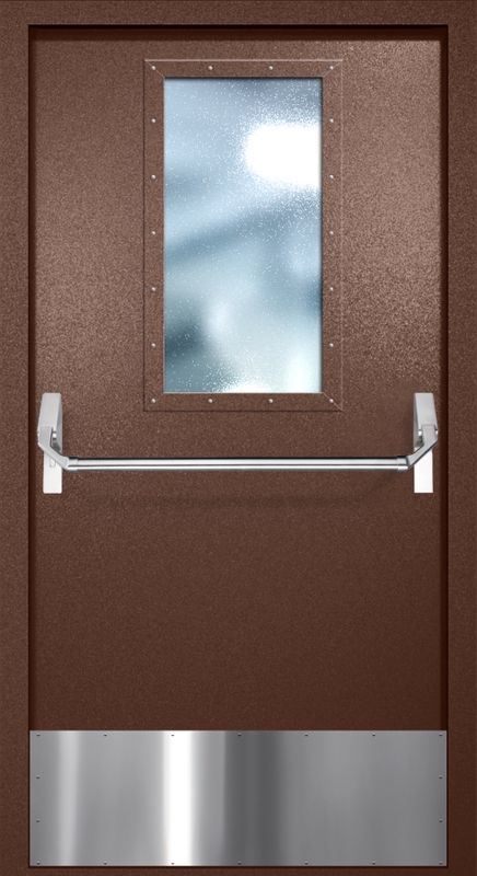 Однопольная противопожарная дверь EI-60 с широким стеклопакетом, отбойником и ручкой «Антипаника», окрас по RAL 8016 Однопольная противопожарная дверь EI-60 с широким стеклопакетом, отбойником и ручкой «Антипаника», окрас по RAL 8016